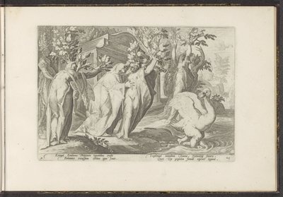 Phaëthonovy sestry se promění v topoly a jeho přítel v labuť Ovidiovy metamorfózy (název série) Re-creations P. Ovidius Naso (název série) od Hendrick Goltzius (workshop of)
