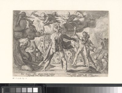 Bitva mezi bohy a obry Metamorfózy Ovidia (název série) od Hendrick Goltzius (workshop of)