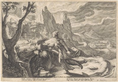 Thisbe prchá před lvicí Metamorfózy Ovidia (název série) od Hendrick Goltzius (workshop of)