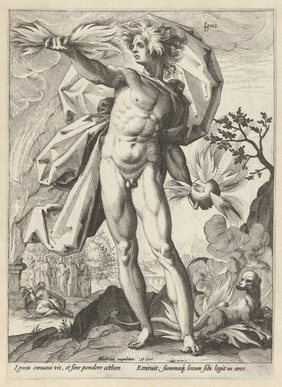 Ohňostroj Ignis (název na objektu) The Four Elements (název série) od Hendrick Goltzius (workshop of)