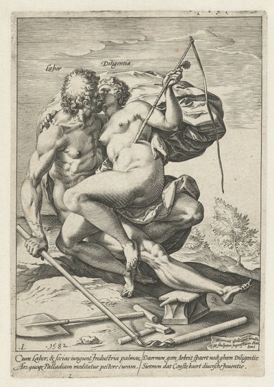 Práce a průmysl (práce / Diligentia) Odměna za práci, píli, praxi a umění (název série) od Hendrick Goltzius