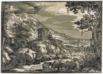 Arkádská krajina s pastýřem od Hendrick Goltzius
