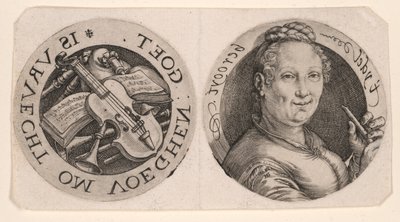 Busta ženy držící flétnu a hudební nástroje, na jednom listu od Hendrick Goltzius