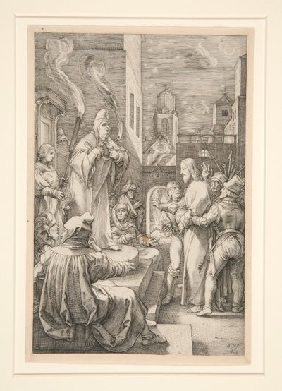 Kristus před Kaifem, z Umučení, č. 4 v sérii 12 rytin od Hendrick Goltzius