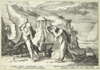 Deukalion a Pyrrha znovu osídlují svět od Hendrick Goltzius