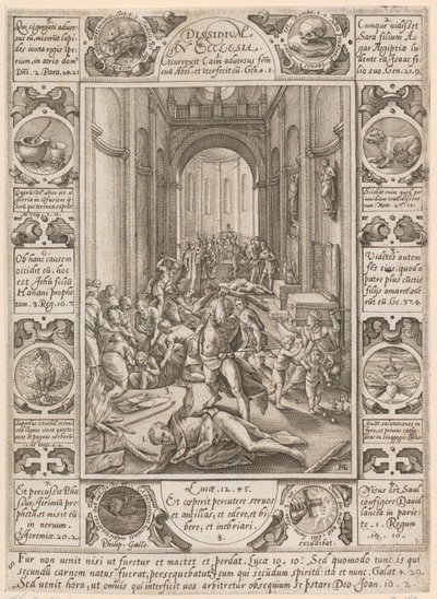 Dissidium in Ecclesia, list 8 ze série „Alegorie křesťanské víry“ od Hendrick Goltzius