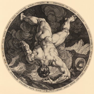 Pád Tantala, list 1 ze série "Čtyři útočníci na nebe" od Hendrick Goltzius