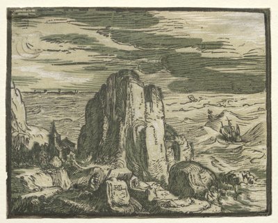 Čtyři malé krajiny: č. 4, útes na mořském pobřeží od Hendrick Goltzius