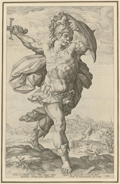 Horatius Cocles, list č. 2 ze série „Římští hrdinové“ od Hendrick Goltzius