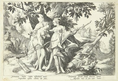 Jupiter převlečený za Dianu svede Kallisto od Hendrick Goltzius