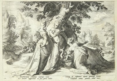 Kekropovy dcery otevírají košík, který jim svěřila Minerva od Hendrick Goltzius