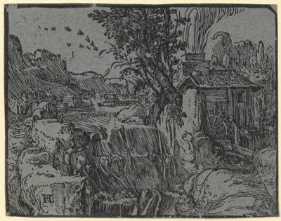 Krajina s vodopádem a mlýnem, list 1 ze série "Čtyři malé krajiny" od Hendrick Goltzius