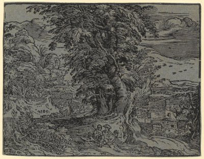 Krajina se sedícím párem a pastýřem, list 2 ze série „Čtyři malé krajiny“ od Hendrick Goltzius