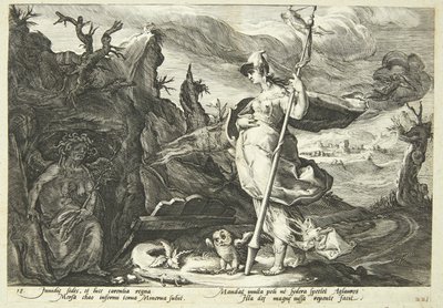 Minerva nařídí závisti, aby naplnila Agraulosovo srdce žárlivostí od Hendrick Goltzius