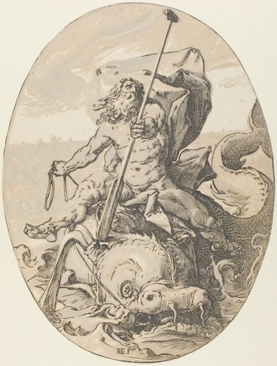 Oceanus, talíř dva z Demogorgon a božstva od Hendrick Goltzius