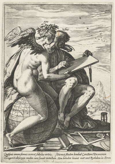 Cvičení a umění (Ars/Usus) Odměna za práci, píli, praxi a umění (název série) od Hendrick Goltzius