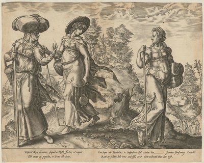 Orpa opouští Rút a Noemi [strana 1] a Rút na poli před Boázem [strana 2], strany 1 a 2 série „Příběh Rút“ od Hendrick Goltzius