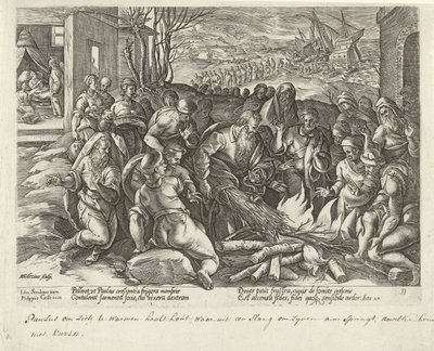 Paula na Maltě uštkne zmije Skutky apoštolů (název série) Acta Apostolorum (název série) od Hendrick Goltzius