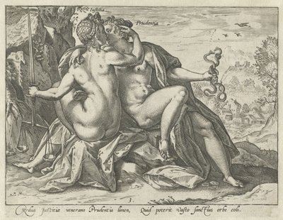 Spravedlnost a obezřetnost (Justitia / Prudentia) Spojené ctnosti (název série) od Hendrick Goltzius