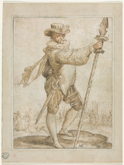 Stálý důstojník drží kančí kopí od Hendrick Goltzius