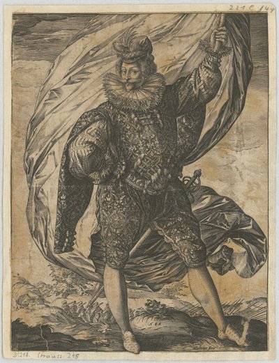 Stojící vlajkonoš s hlavou otočenou doleva od Hendrick Goltzius