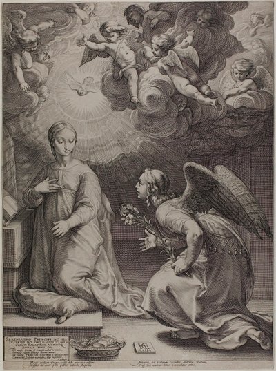 Zvěstování, první deska z Narození a časného života Krista od Hendrick Goltzius