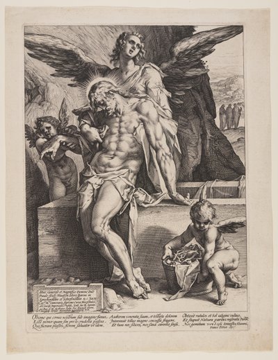 Mrtvý Spasitel podporovaný andělem od Hendrick Goltzius