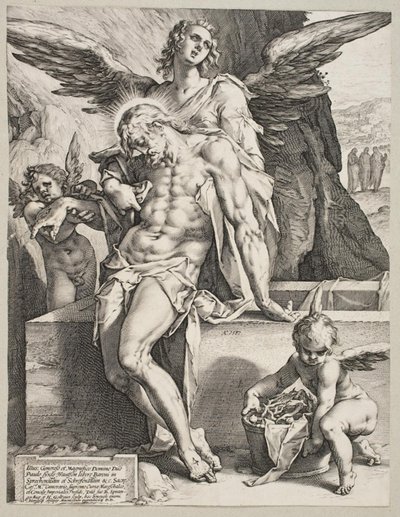 Tělo Kristovo podpírané andělem od Hendrick Goltzius