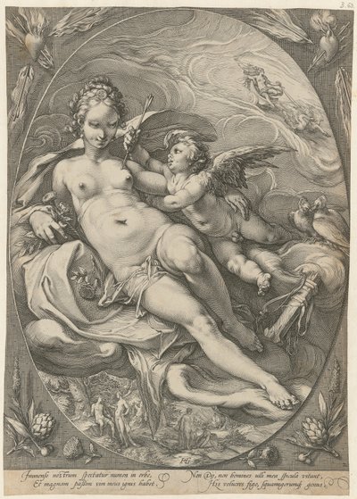 Venuše a Amor, list č. 2 ze série „Tři bohyně“ od Hendrick Goltzius