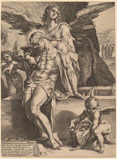 Tělo Kristovo podporované anděly od Hendrick Goltzius, after Bartholomaeus Spranger