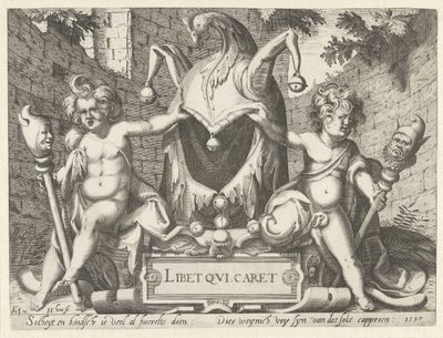 Dva putti s bláznivou kuklou Libet qui cart (název na objektu) od Hendrick Hondius (I)