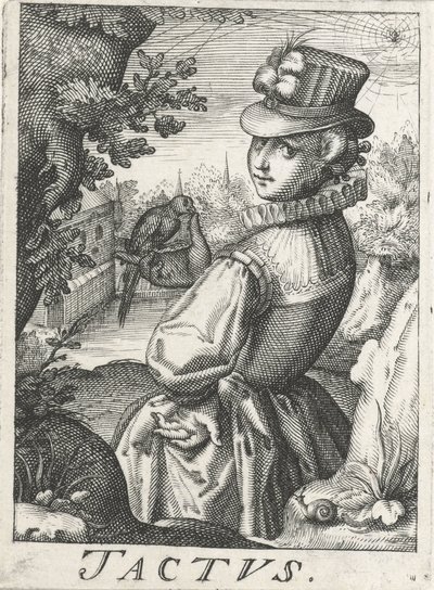 Pocit (Tactus), žena s ptákem Tactus (název na objektu) Pět smyslů (název série) od Hendrick Hondius (rejected attribution)