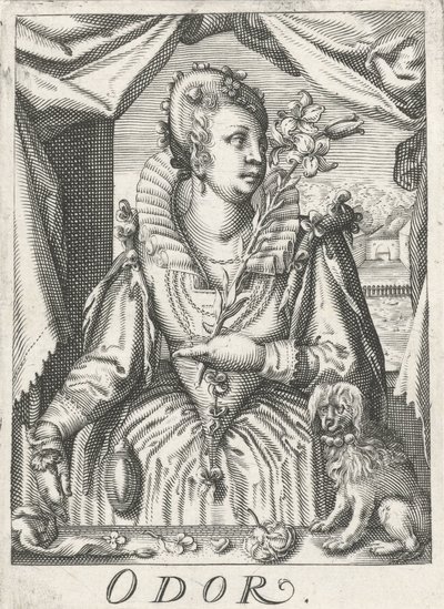 Čich (Vůně), žena s květinovou ratolestí Zápach (nadpis na předmětu) The Five Senses (název série) od Hendrick Hondius (rejected attribution)