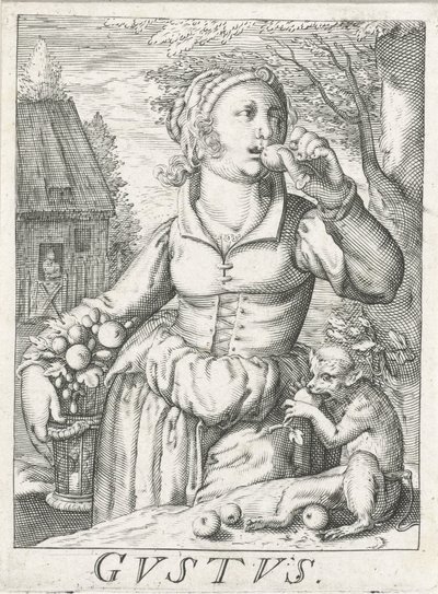 Chuť (Gustus), žena s ovocem Gustus (název na objektu) Pět smyslů (název série) od Hendrick Hondius (rejected attribution)