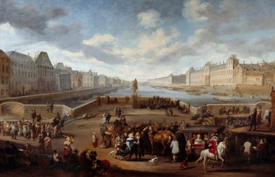 Pohled na Paříž s Louvrem z mostu Henriho IV (Actuel Pont Neuf). Obraz od Hendrickse Mommerse (1623-1693) od Hendrick Mommers