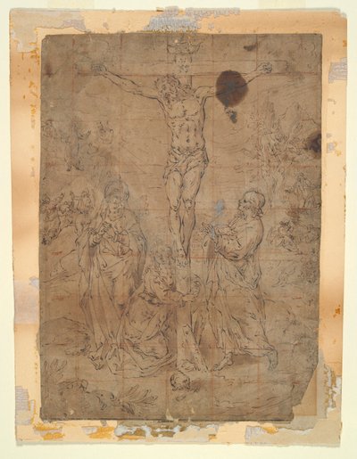 Kristus na kříži mezi Pannou a svatým Janem s pašijovými výjevy v pozadí od Hendrick de Clerck