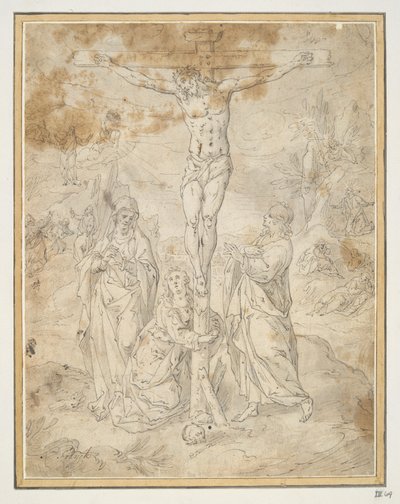 Kristus na kříži mezi Pannou Marií a svatým Janem s pašijovými výjevy v pozadí od Hendrick de Clerck