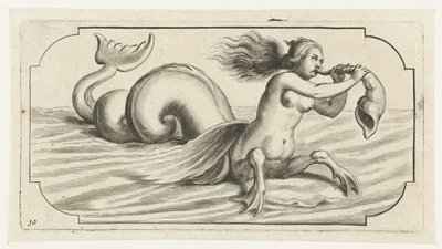 Ženská postava fouká na mušli Nouveau Livre des Dieux et Deeßes De la Marine Bouckje mořských bohů a bohyň (název série) od Hendrick de Keyser (I)