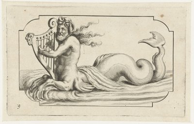 Triton hraje na harfu Nouveau Livre des Dieux et Deeßes De la Marine Bouckje mořských bohů a bohyň (název série) od Hendrick de Keyser (I)
