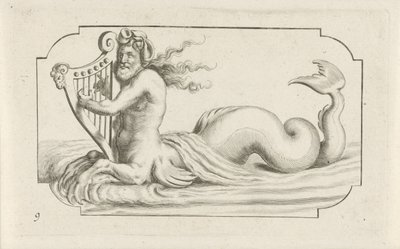 Triton hraje na harfu Nouveau Livre des Dieux et Deeßes De la Marine Bouckje mořských bohů a bohyň (název série) od Hendrick de Keyser (I)