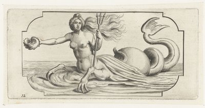 Ženská postava s trojzubcem Neptuna Nouveau Livre des Dieux et Deeßes De la Marine Bouckje mořských bohů a bohyň (název série) od Hendrick de Keyser (I)
