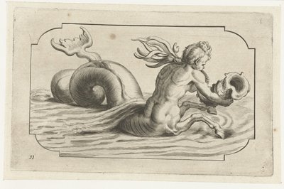 Mořský koník s mužskou horní částí těla Nouveau Livre des Dieux et Deeßes De la Marine Bouckje mořských bohů a bohyň (název série) od Hendrick de Keyser (I)