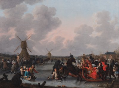 Zimní krajina s četnými koňskými sáněmi na ledu od Hendrick de Meijer