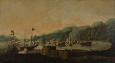 Nizozemská eskadra pod velením Cornelis Simonsz van der Veer provedla překvapivý útok na tři portugalské galeony v zálivu Goa Velha, 30. září 1639 od Hendrick van Anthonissen