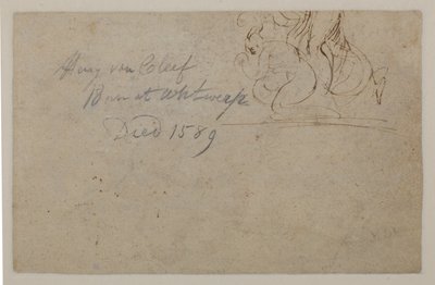 Anotace pozdější rukou. Náčrt krčící se postavy a vzpínajícího se koně, ?, 16. stol od Hendrick van Cleve