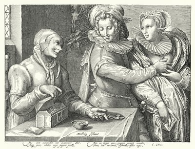 Mladý muž volí raději lásku ke kráse než k bohatství (rytina) od Hendrik (after) Goltzius