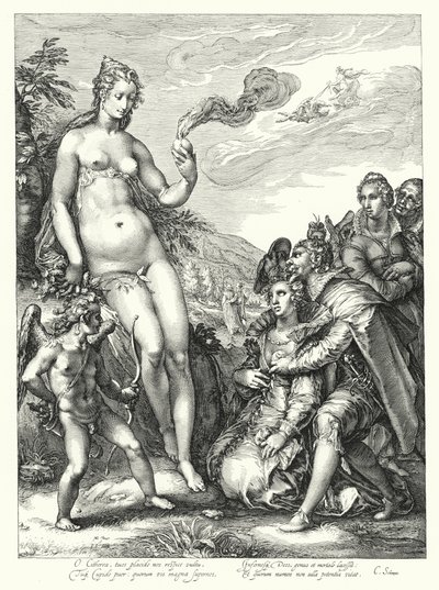 Venuše, Amor a dva páry milenců (rytina) od Hendrik (after) Goltzius
