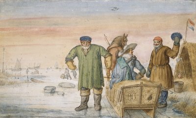 Dva staříci vedle saní nesoucích erby Amsterdamu a Utrechtu, 1620-33 od Hendrik Avercamp
