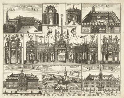 Blad se setkal s tien voorsetningen van de intocht van de Kardinaal Infant Ferdinand te Antwerpen, 1635 Ukázky nejhonosnějších míst a děl ve městě Antverpy (název na objektu) od Hendrik Causé