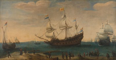 Řada Východoindiánů u pobřeží (Mauricius a další Východní Indiáni vyplouvající z Marsdiepu) od Hendrick Cornelisz. Vroom
